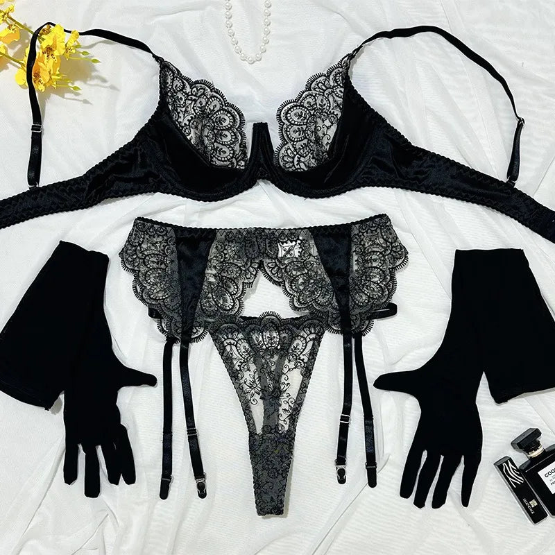 Toucheart Embroidery Eyelash Lingerie Panty Gloves Thin Model Lace Slim See-through Erotic Set
