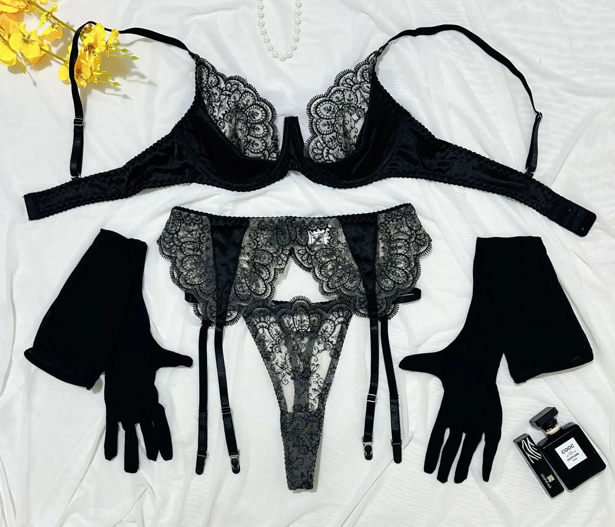 Toucheart Embroidery Eyelash Lingerie Panty Gloves Thin Model Lace Slim See-through Erotic Set