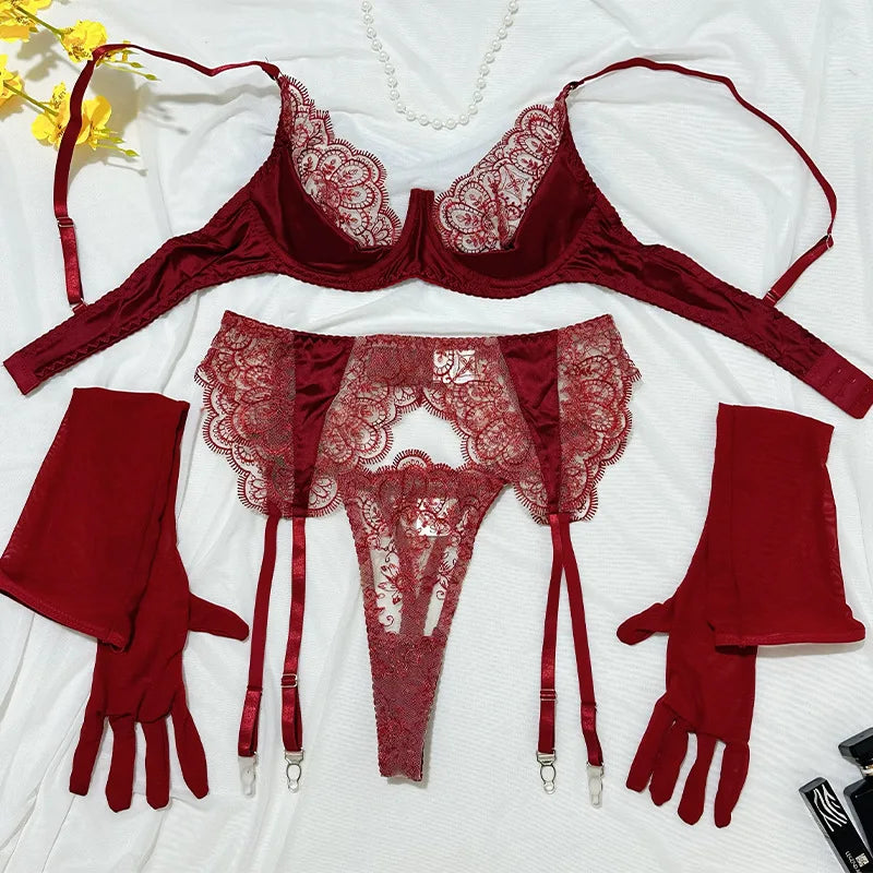 Toucheart Embroidery Eyelash Lingerie Panty Gloves Thin Model Lace Slim See-through Erotic Set