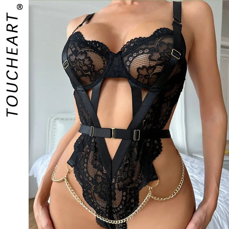 Toucheart Embroidery Floral Lace Pajamas See-through Backless Steel Ring Underwear Set