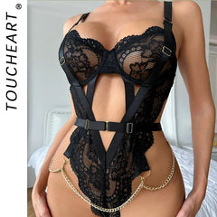 Toucheart Embroidery Floral Lace Pajamas See-through Backless Steel Ring Underwear Set
