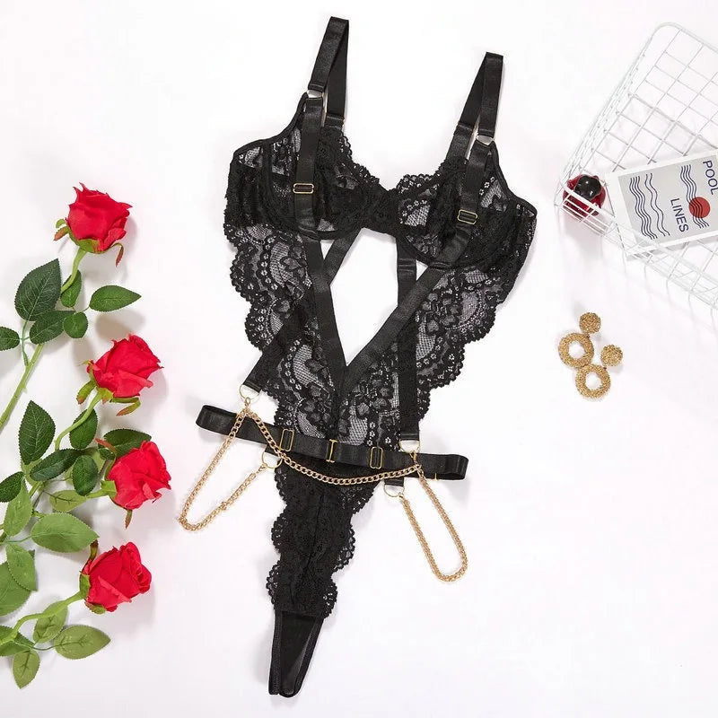 Toucheart Embroidery Floral Lace Pajamas See-through Backless Steel Ring Underwear Set