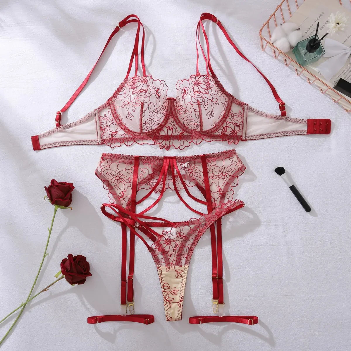 Toucheart Embroidery Floral Underwear Panty Set2PCS Slim Backless See-through Lace Bralette Set