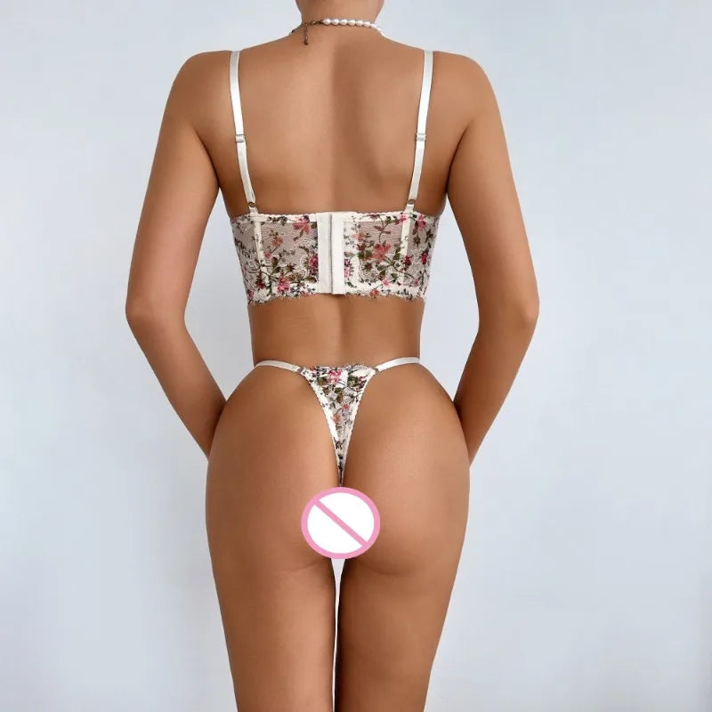 Toucheart Embroidery Lace Floral Mesh Broken Flowers Underwear Panty Slim Backless High Waisted Set