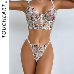 Toucheart Embroidery Lace Floral Mesh Broken Flowers Underwear Panty Slim Backless High Waisted Set