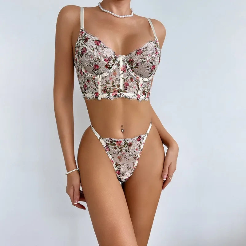 Toucheart Embroidery Lace Floral Mesh Broken Flowers Underwear Panty Slim Backless High Waisted Set