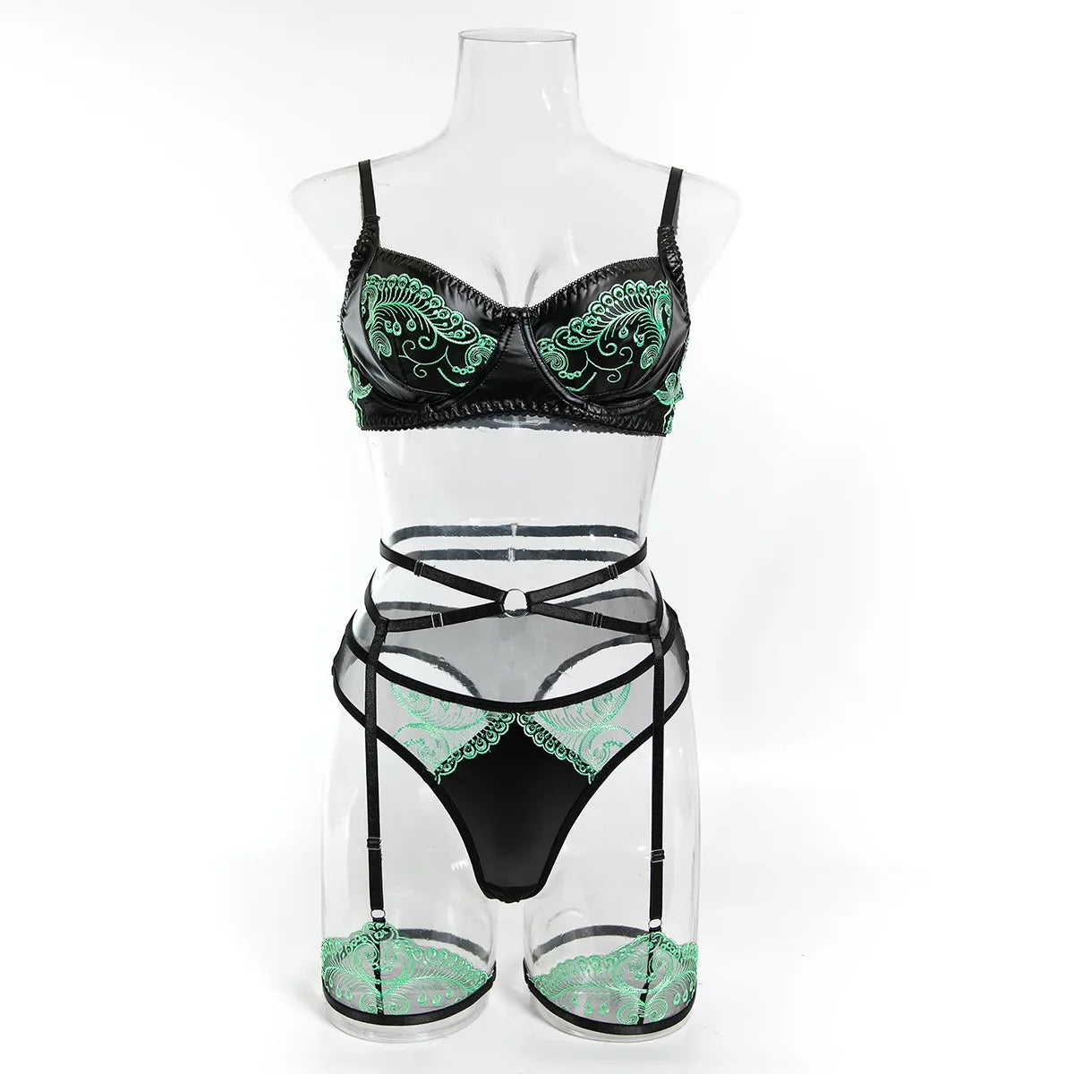 Toucheart Embroidery Lace See-through Bow Knot Underwear Panty Slim Spaghetti Strap Steel Ring Mesh Set