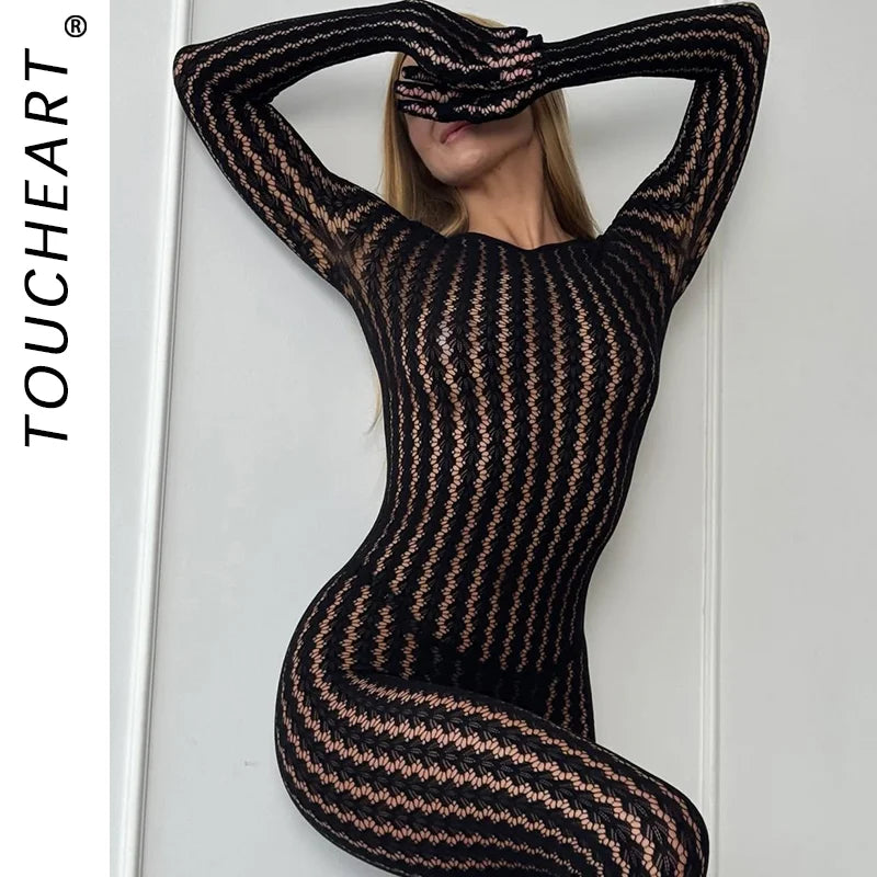 Toucheart Erotic Bodysuit All-in-one Seamless Striped Jacquard Long-sleevedhalf-finger GlovesPremium Bodysuit