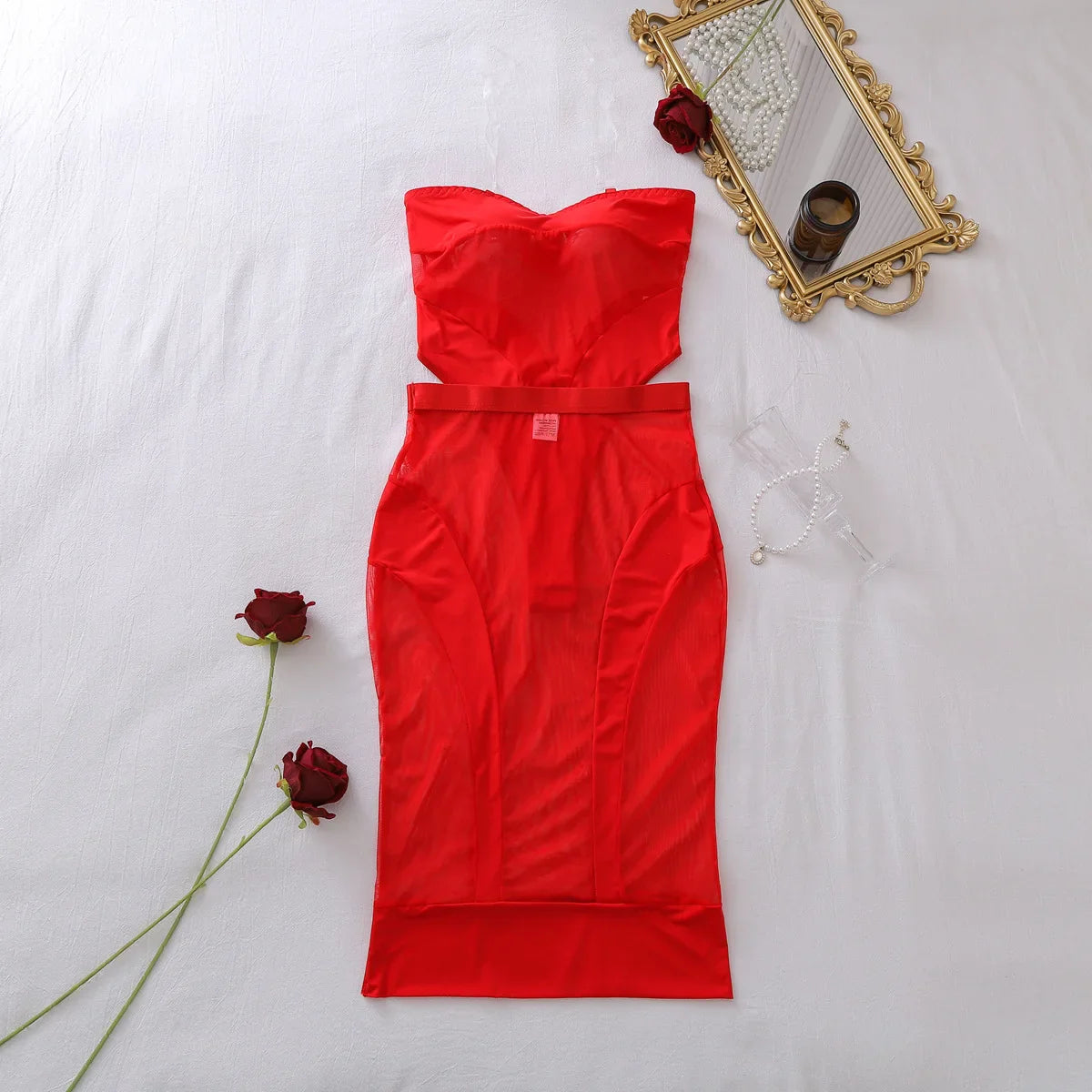 Toucheart Erotic Bodysuit See-through Mesh Jumpsuit Spliced slim Skirt Underwear Two-piece Set