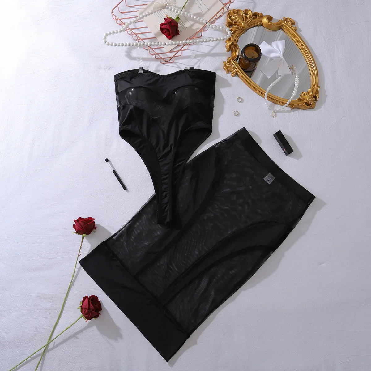 Toucheart Erotic Bodysuit See-through Mesh Jumpsuit Spliced slim Skirt Underwear Two-piece Set