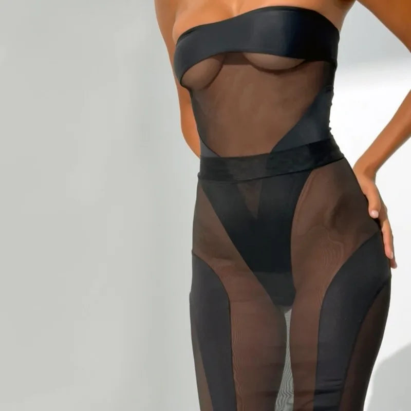 Toucheart Erotic Bodysuit See-through Mesh Jumpsuit Spliced slim Skirt Underwear Two-piece Set