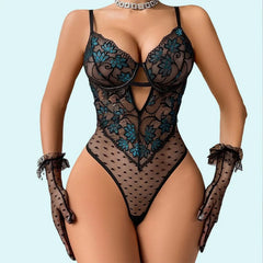 Toucheart Erotic Bodysuit Flower Embroidery Splicing Polka Dot Mesh Stee lring Gathered See-through Suspender Jumpsuit Suit
