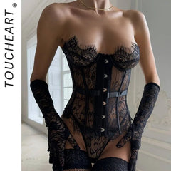 Toucheart Erotic Bodysuit French Retro Black Lace Jumpsuit Delicate Intimate Backless Fishbone Shapewear