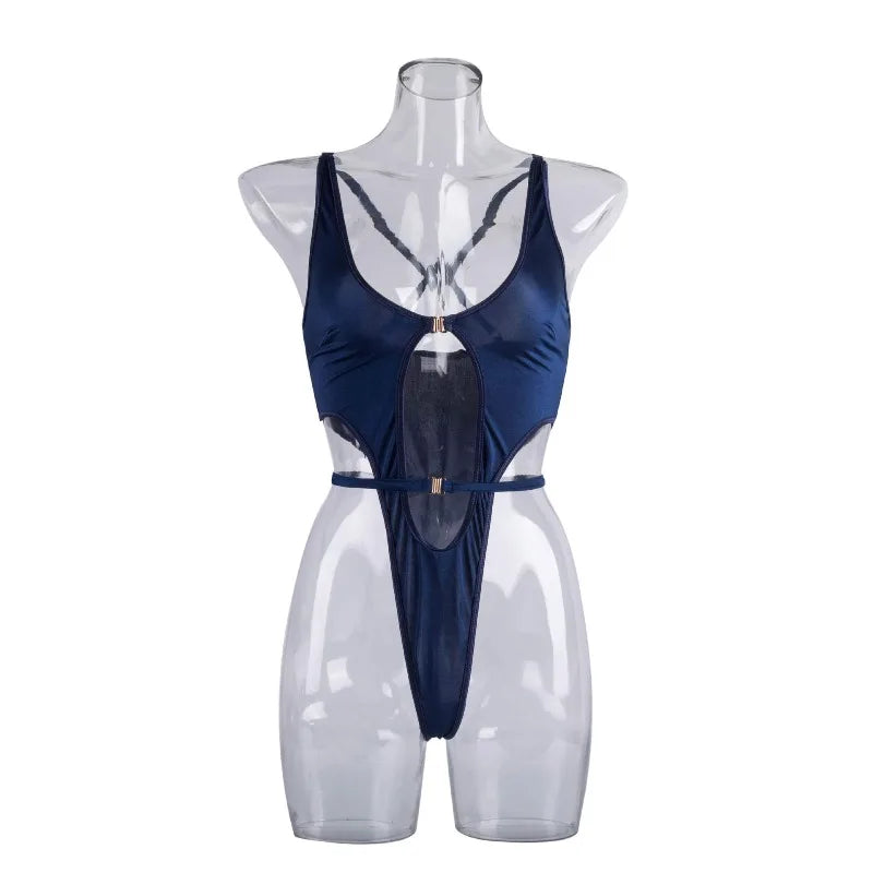 Toucheart Erotic Bodysuit Metal Buckle One-piece Swimsuit High-cut Waist-revealing Intimatetie Vacation Swimsuit