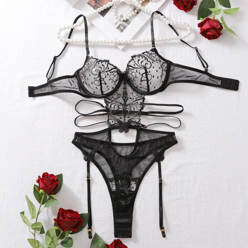 Toucheart Erotic Bodysuit Lace Embroidery See-through Backless Body Shaping Delicate Mesh SeductiveBodysuit Set
