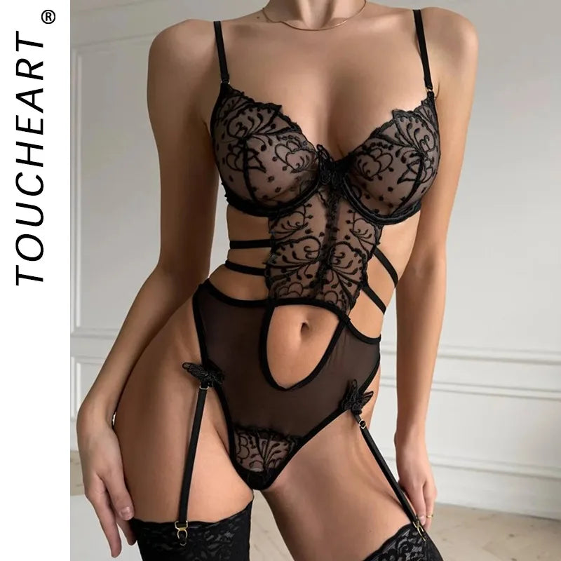 Toucheart Erotic Bodysuit Lace Embroidery See-through Backless Body Shaping Delicate Mesh SeductiveBodysuit Set