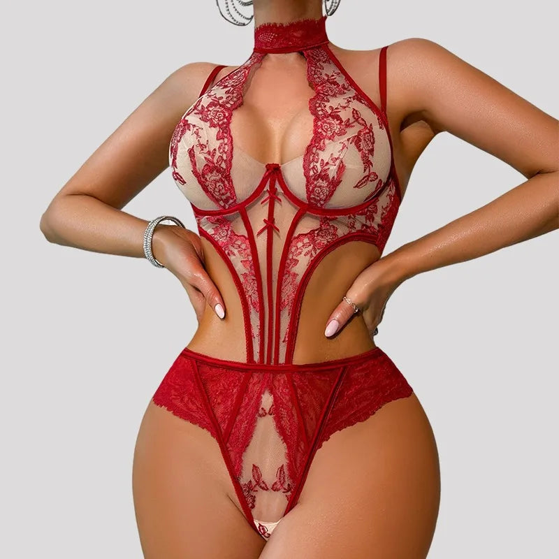 Toucheart Erotic Bodysuit Lace See-through Halter Neck Jumpsuit Underwire Push-up Shapeweargirls Delicatefit