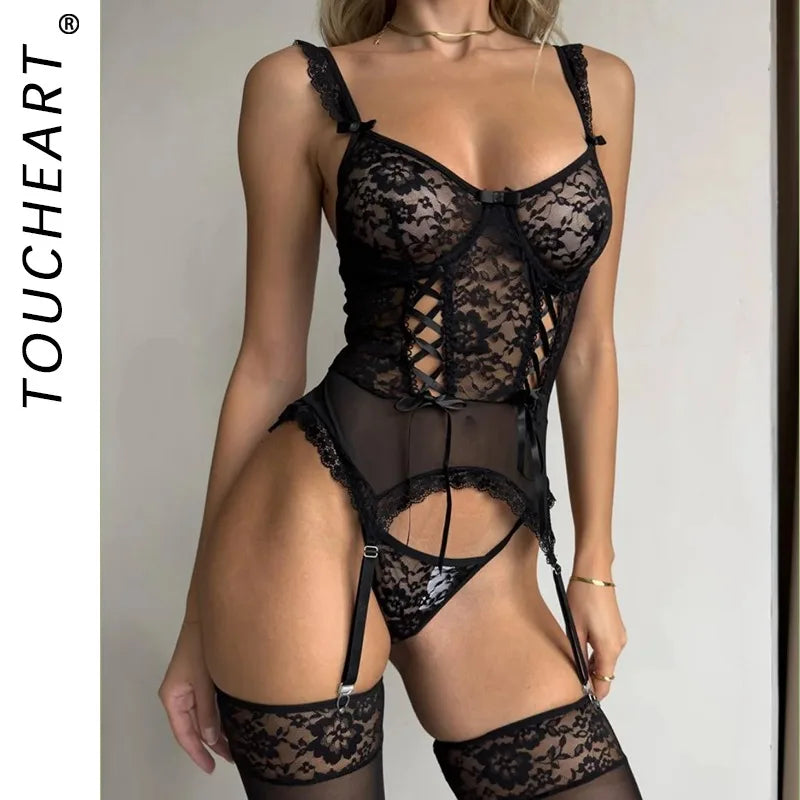 Toucheart Erotic Bodysuit Lace See-through with Steel Ring Girls Flirt Sissy Intimate Bodysuit Set