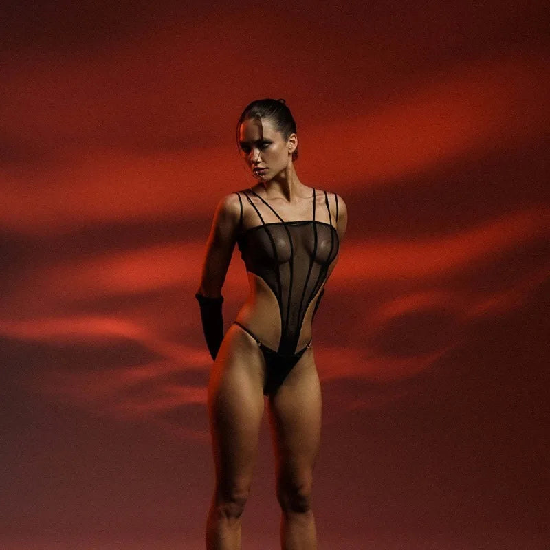 Toucheart Erotic Bodysuit Mesh See-through Underwear with Line Sense One-piece with and Large Backless One-piece