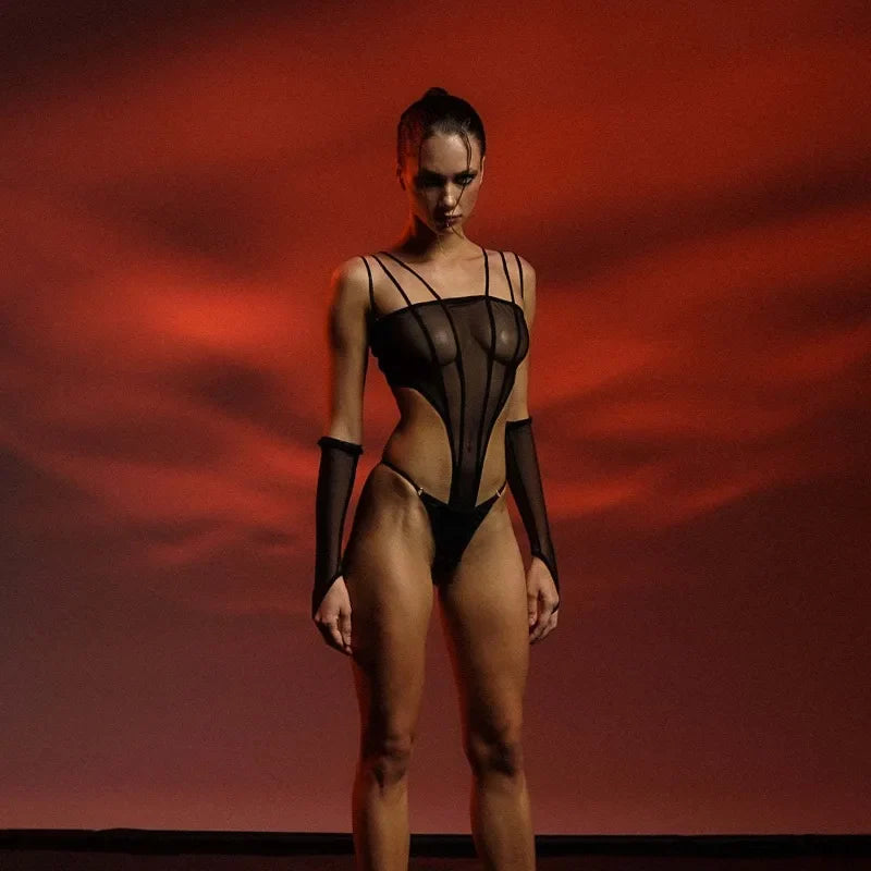 Toucheart Erotic Bodysuit Mesh See-through Underwear with Line Sense One-piece with and Large Backless One-piece