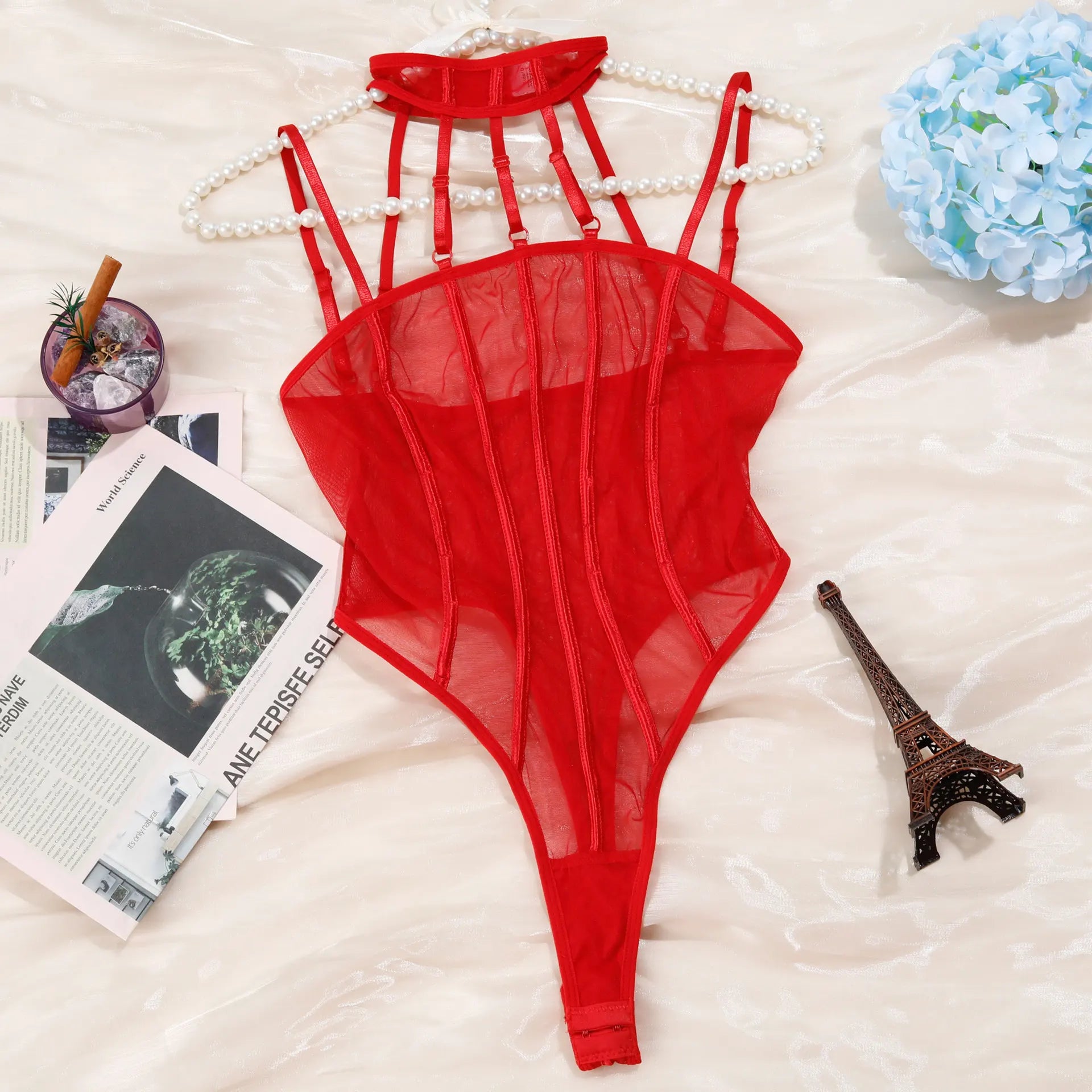 Toucheart Erotic Bodysuit Net Halter Lace See-through Backless Sissy PremiumCoquette Bodysuit