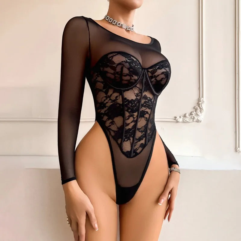 Toucheart Erotic Bodysuit Floral Lace Spliced see-through Mesh Body-shaping Delicate Jumpsuit with Open Crotch