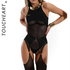 Toucheart Erotic Bodysuit Model of See-through Mesh Bodysuit Garter Stockings Set Underwear