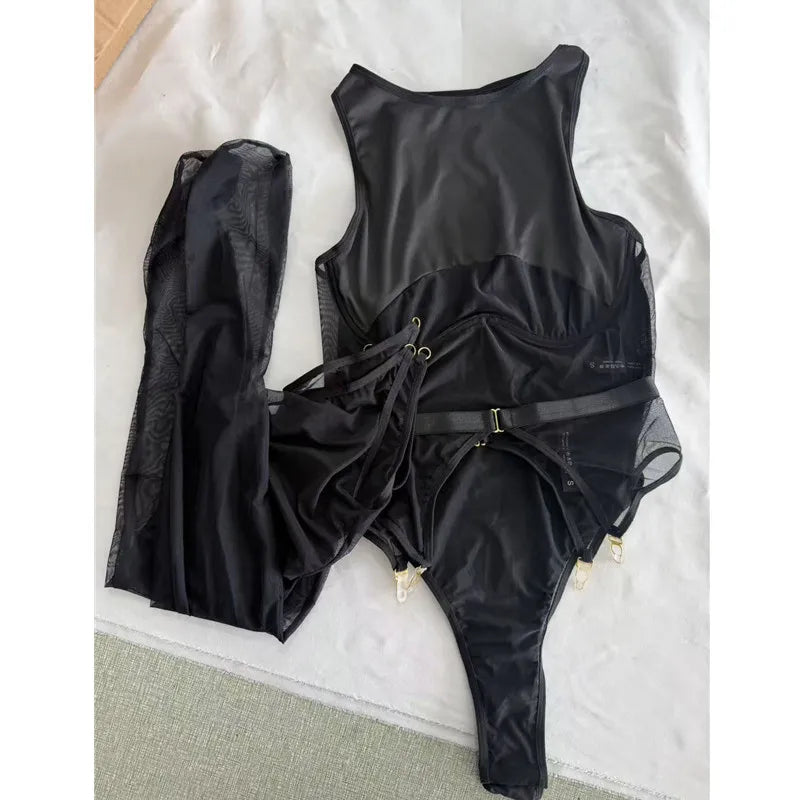 Toucheart Erotic Bodysuit Model of See-through Mesh Bodysuit Garter Stockings Set Underwear