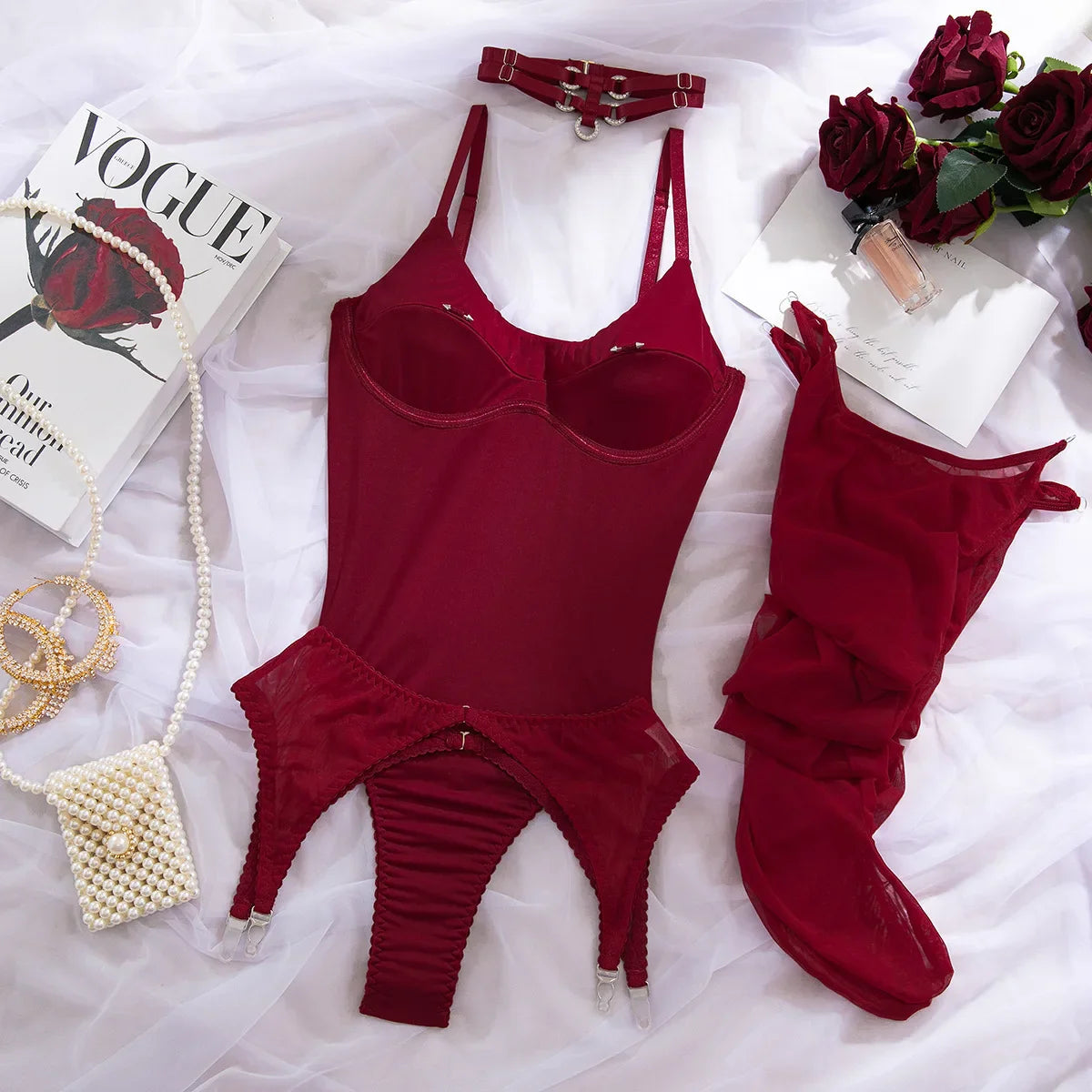 Toucheart Erotic Bodysuit Tight Plunge Intimate Flirt Romantic Garter Four-piece Set with Stockings