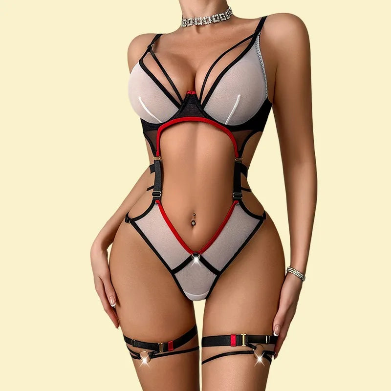 Toucheart Erotic Bodysuit Style Contrasting Color Thinmesh Steel Support Gathered Jumpsuit with Leg Rings