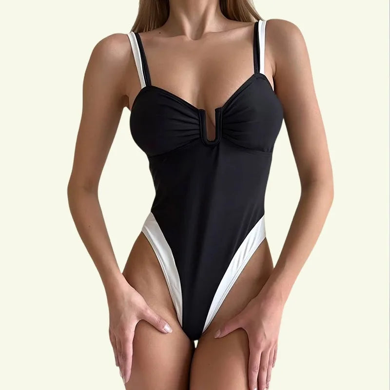 Toucheart Erotic Bodysuit One-piece Swimsuit with Contrasting Color Push-up and Body-shaping All-in-one U-neck
