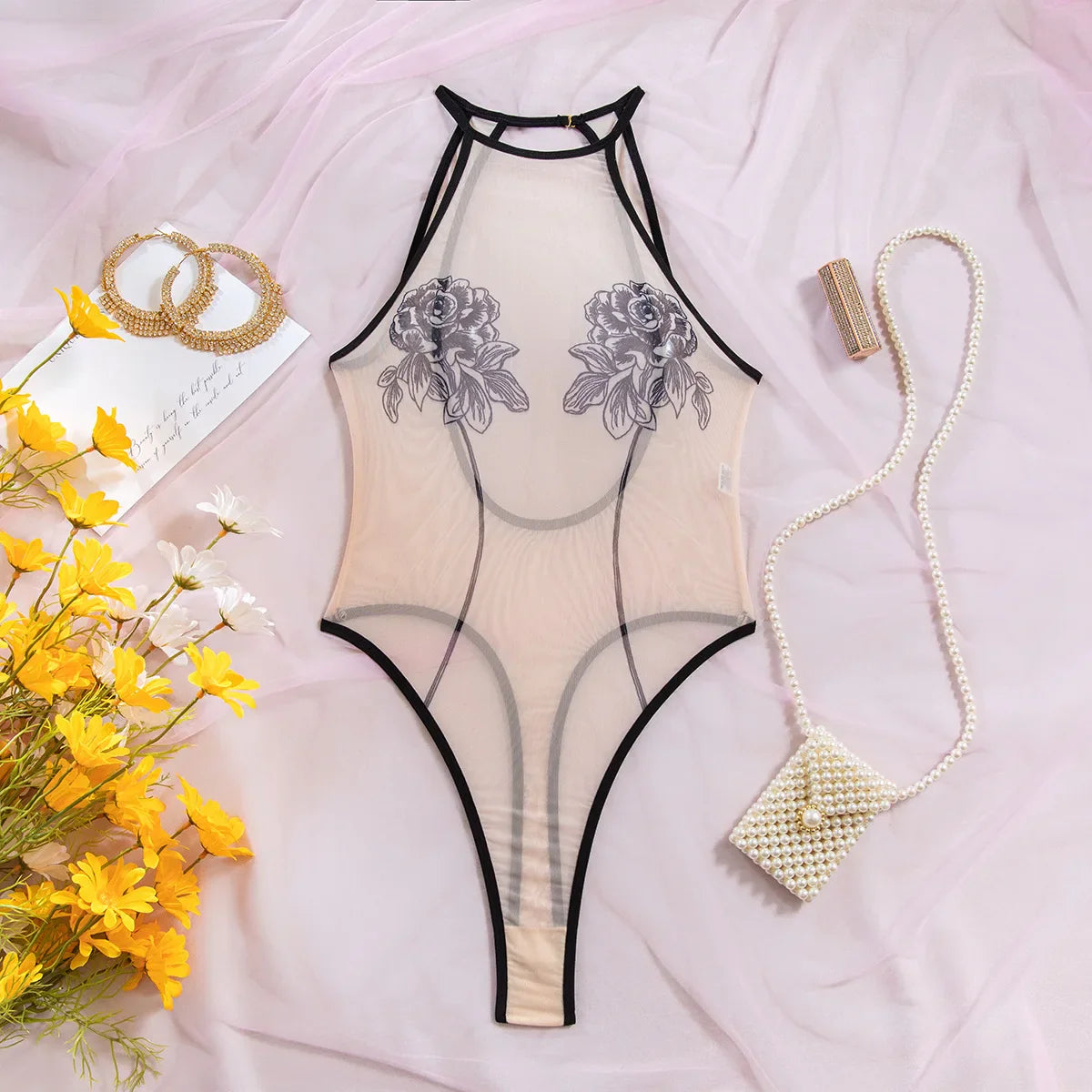 Toucheart Erotic Bodysuit Printed Mesh Jumpsuit Intimate See-through Backless One-piece Underwear
