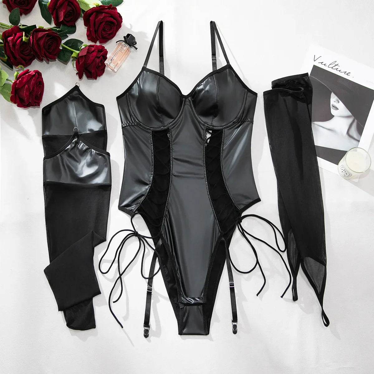 Toucheart Erotic BodysuitPU Leather Splicing Technology Underwear Straps Jumpsuit Complex Five-piece Set