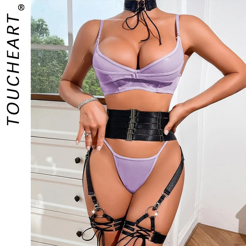 Toucheart Erotic Delicate Lingerie Mesh See-through Steel Ring Body Shaping Underwear Set