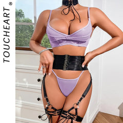Toucheart Erotic Delicate Lingerie Mesh See-through Steel Ring Body Shaping Underwear Set