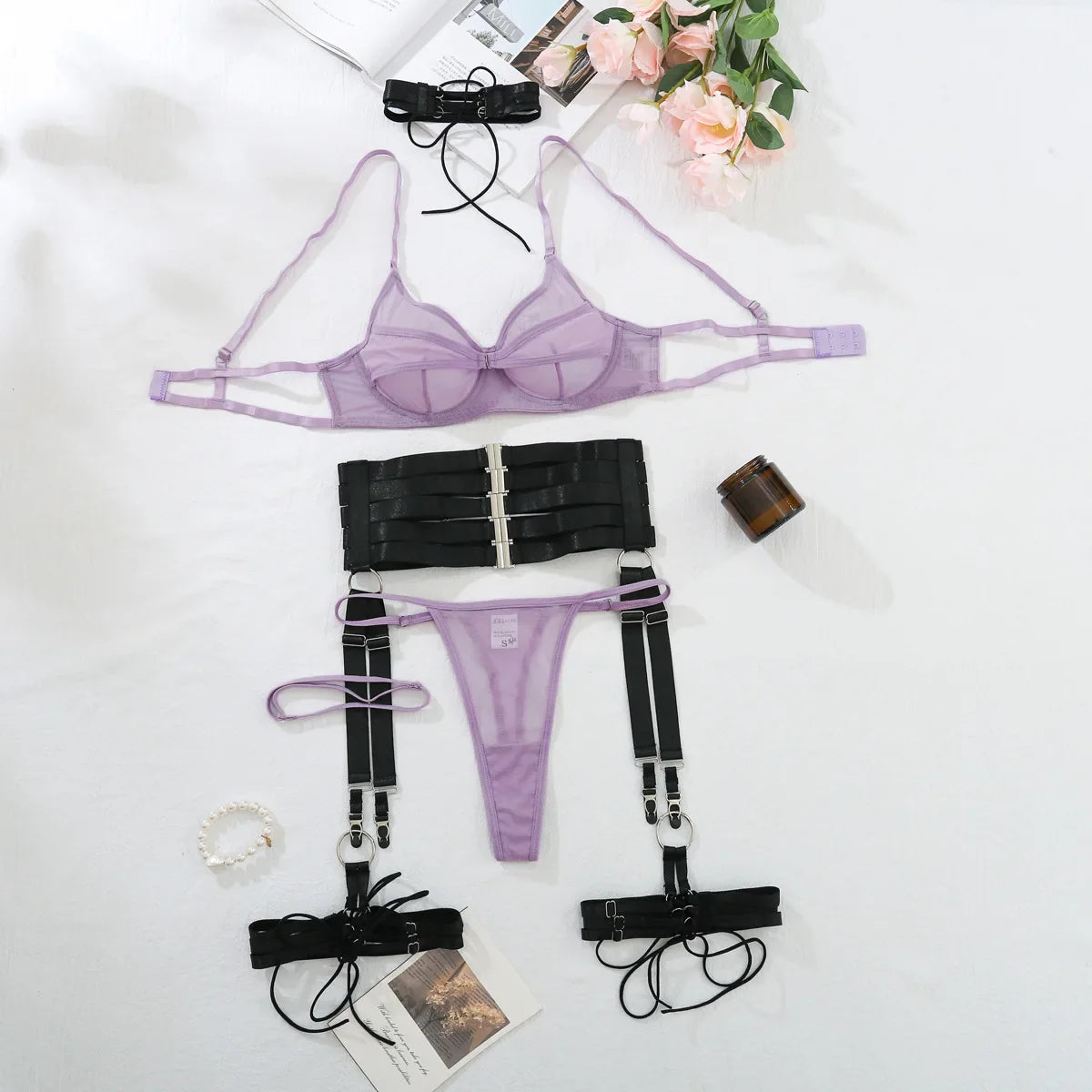 Toucheart Erotic Delicate Lingerie Mesh See-through Steel Ring Body Shaping Underwear Set