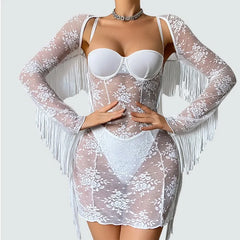 Toucheart Erotic Dress Elegant Palace-style Fringed Cardigan Spliced with See-through Intimate Lace Purelust Hip-hugging Dress