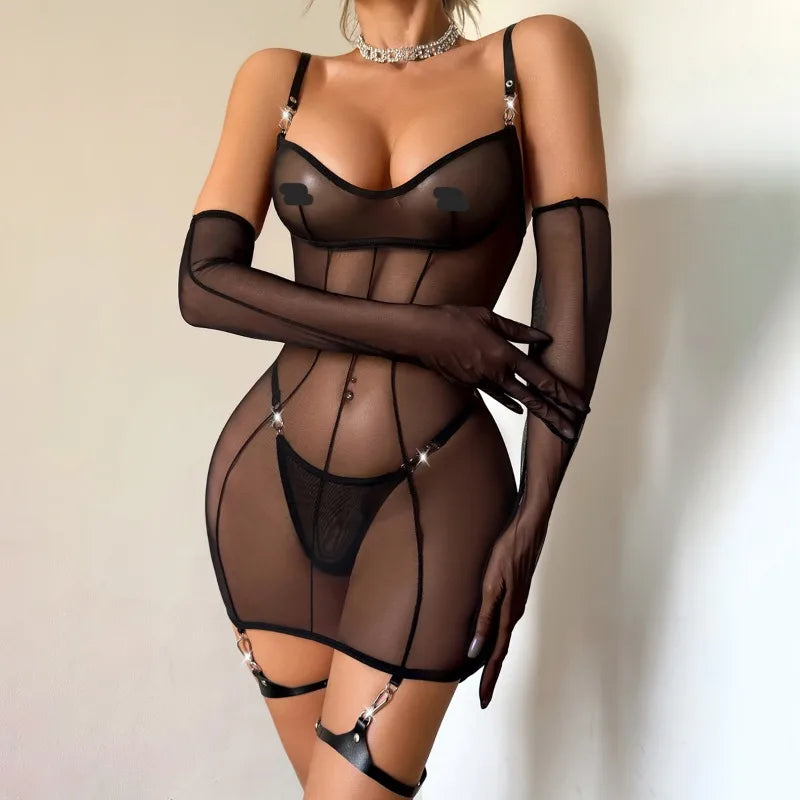Toucheart Erotic Dressable Adjustable PU Belt with Mesh See-through Pure Desire Dress Body-shaping Suit with Gloves