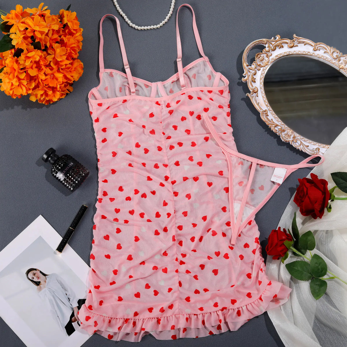 Toucheart Erotic Dress Love Printed Suspender Cute Dress See-through Temptation Pure Desire Lingerie Set2 Pieces