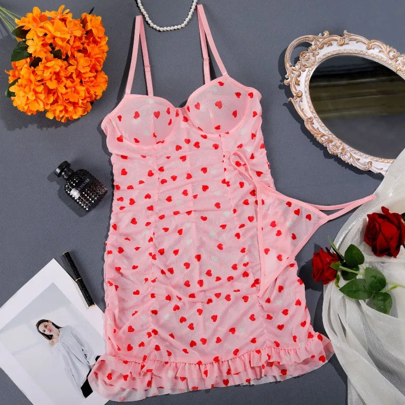 Toucheart Erotic Dress Love Printed Suspender Cute Dress See-through Temptation Pure Desire Lingerie Set2 Pieces