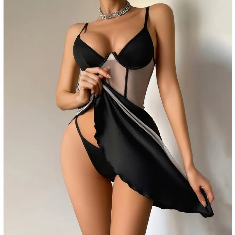 Toucheart Erotic Dress with Pantyable Suspender V-neck Contrasting Color See-through Slim Fit Mesh Dress Set
