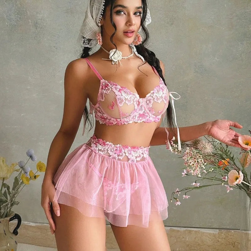 Toucheart Erotic Fancy Lingerie Panty with Tutu Skirt Lace See-through Embroidery Body Shaping Bra Set