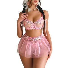 Toucheart Erotic Fancy Lingerie Panty with Tutu Skirt Lace See-through Embroidery Body Shaping Bra Set