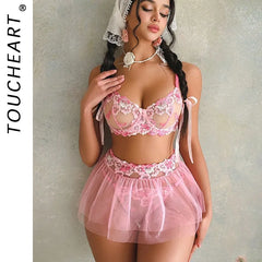Toucheart Erotic Fancy Lingerie Panty with Tutu Skirt Lace See-through Embroidery Body Shaping Bra Set