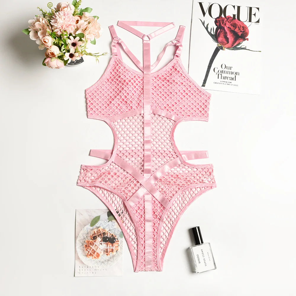 Toucheart Erotic Halter Bodysuit Large Mesh Splicing Andheavy Craftsmanship Intimate Private Bodysuit
