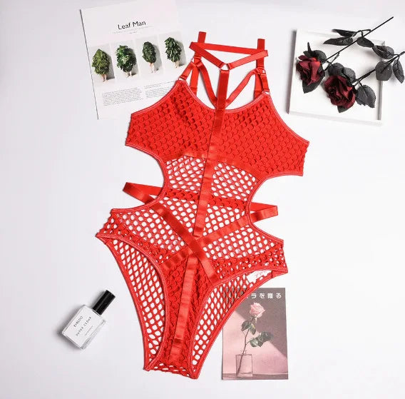 Toucheart Erotic Halter Bodysuit Large Mesh Splicing Andheavy Craftsmanship Intimate Private Bodysuit