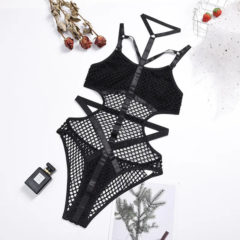 Toucheart Erotic Halter Bodysuit Large Mesh Splicing Andheavy Craftsmanship Intimate Private Bodysuit