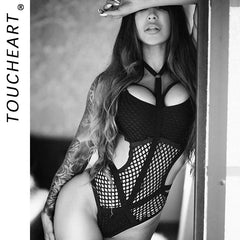 Toucheart Erotic Halter Bodysuit Large Mesh Splicing Andheavy Craftsmanship Intimate Private Bodysuit