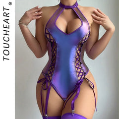 Toucheart Erotic Halter Bodysuit with Fishnet Stockings Side Girls Body Shaping Set