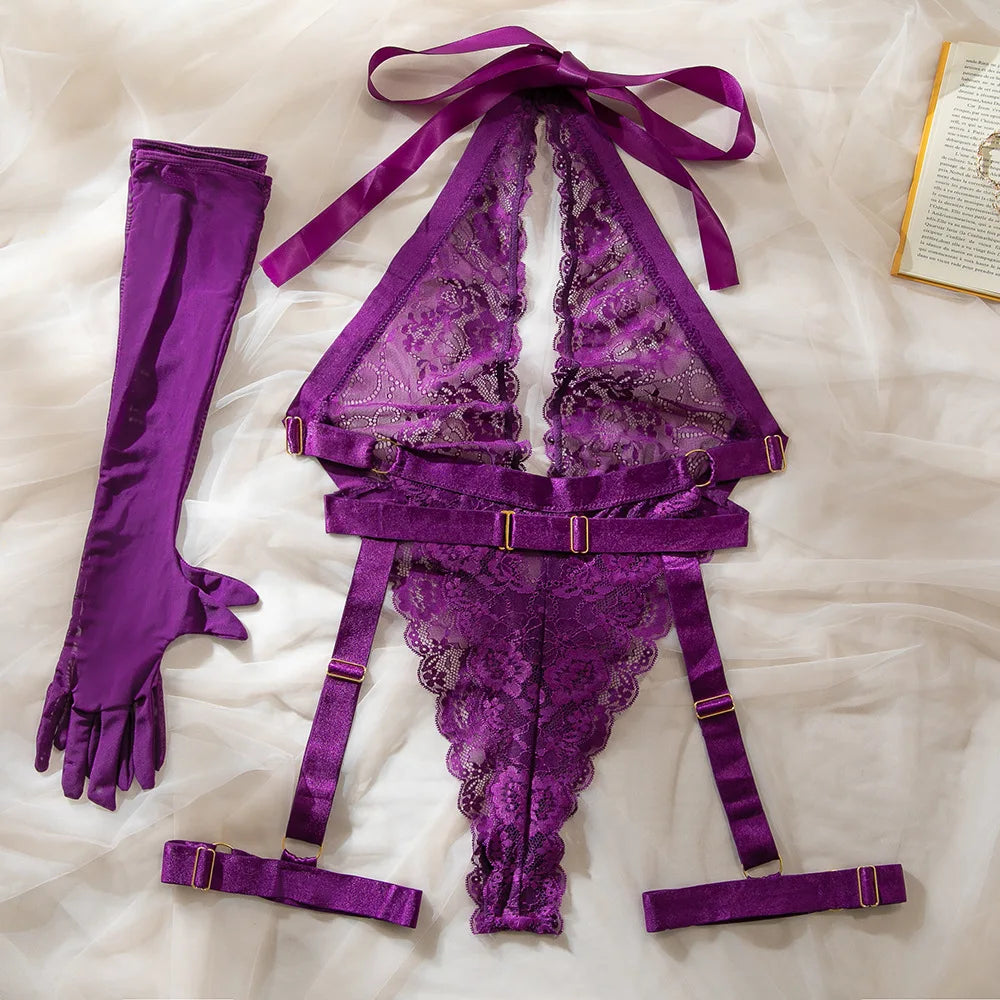 Toucheart Erotic Halter Bodysuit with Gloves Deep V Lace See-through Floral Girl Slim Delicate Mesh Bodysuit Set
